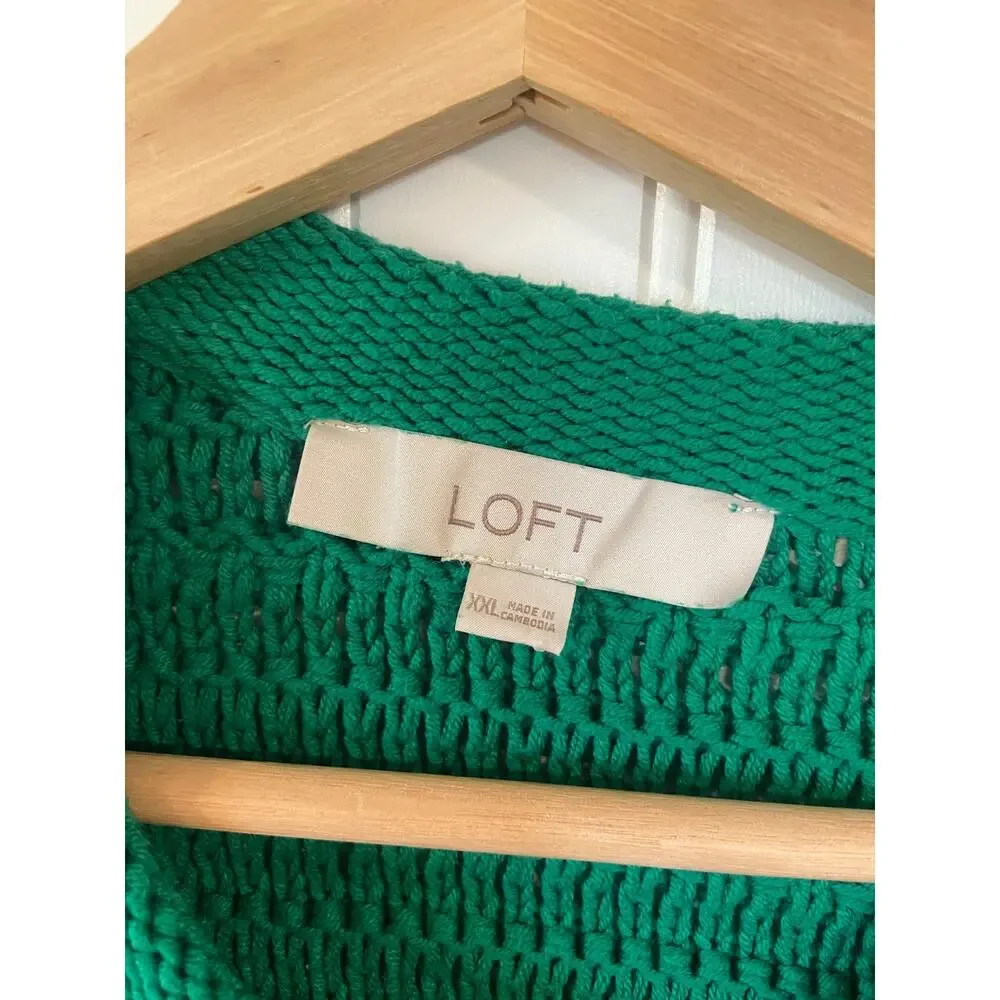 Loft Sweater Women's XXL Green Textured Knit Jacket Cardigan Cotton Blend